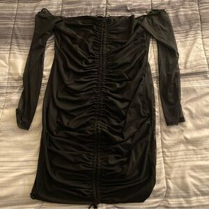 Shape Black Mesh Ruched Bardot Bodycon Dress
